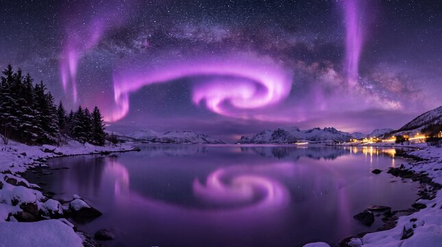 Vibrant aurora borealis dancing above snowy mountain lake at night with captures breathtaking scene surrounded evergreen trees swirling above serene