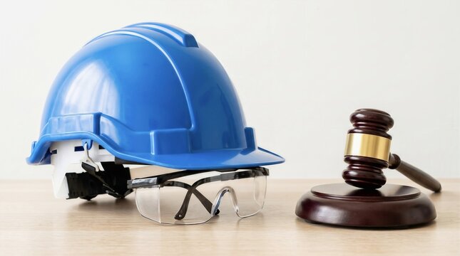 Construction labor law concept with blue hard hat and judge gavel on wooden table