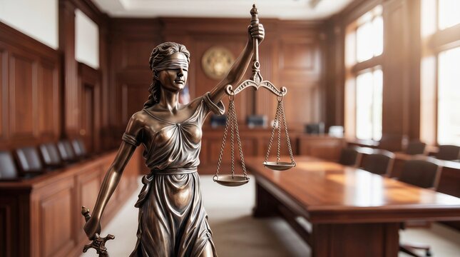 Statue of Lady Justice in Courtroom with Scales and Sword