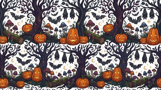 Halloween forest pattern with pumpkins and bats