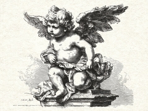 Renaissance cherub calm standing pose black line art, thin delicate outlines, classical European putto with neutral expression, antique engraving style, monochrome vector 