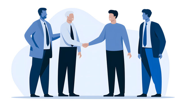 A seasoned mediator assisting two business executives in exchanging hands, this illustrates a harmonious negotiation, resulting in a corporate partnership, conflict resolution, and mutual compromise. 