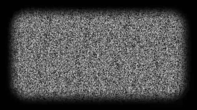 Analog television static noise texture with a dark vignette border effect on a rectangular screen display background for broadcast signal interference