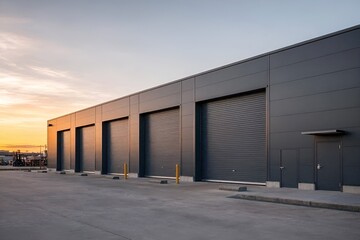 Naklejka premium Heavy-Duty Commercial Use Warehouse or Storage Unit Featuring Large Vertical Rolling Exterior Roller Shutter Garage Doors with Sleek Dark Gray Metal Panel Cladding. Industrial Zone at Sunset. 