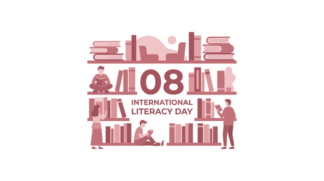 International Literacy Day collage with people and books.
