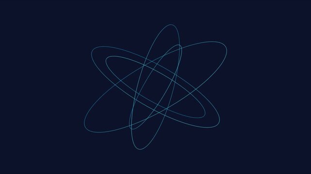 Abstract rotating atom model animation: scientific orbiting rings on dark 4k background, physics science