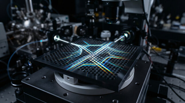 Abstract futuristic quantum computing concept photonic crystal waveguide substrate macro close up with micro geometric hole pattern laser light refraction tech b2b background copy space