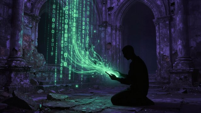 Silhouetted figure kneels, channeling glowing binary code from a device in ancient ruins.