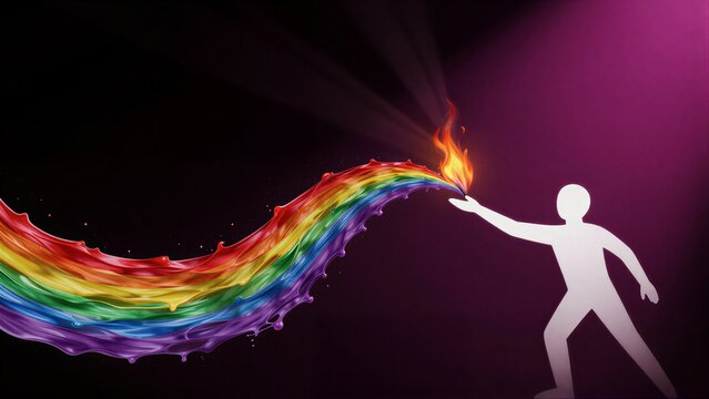 Silhouette holds flame, igniting vibrant rainbow splash against dark purple background.