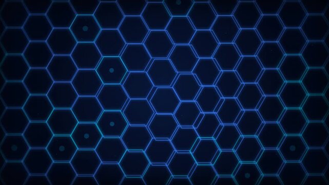 Abstract blue and teal hexagonal grid animation with glowing lines and subtle particles, perfect for technology, data visualization and futuristic concepts