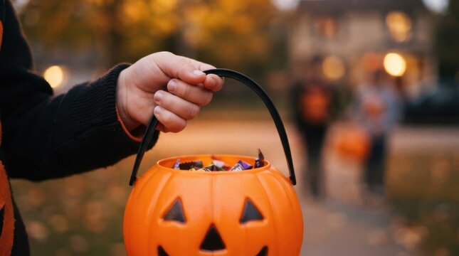 Child holding a pumpkin trick-or-treat bucket full of candy on Halloween night outdoors