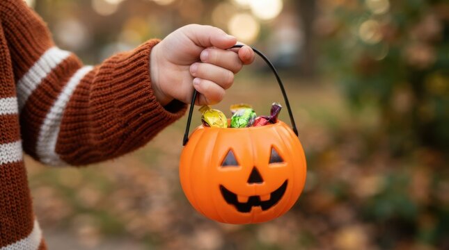 Child holding a pumpkin candy bucket for Halloween trick or treat representing autumn celebrations