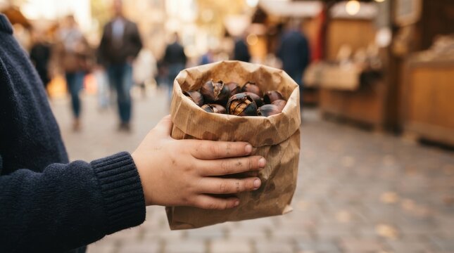 Child holding a paper bag full of roasted chestnuts at a traditional street market during autumn