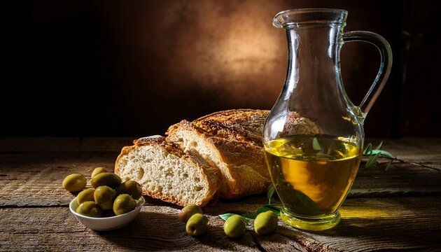 rustic still life composition features freshly baked bread green olives and a tall glass cruet filled with golden liquid upon a weathered wooden surface