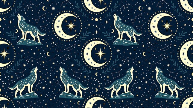 Mystical seamless pattern with howling wolves and celestial moons