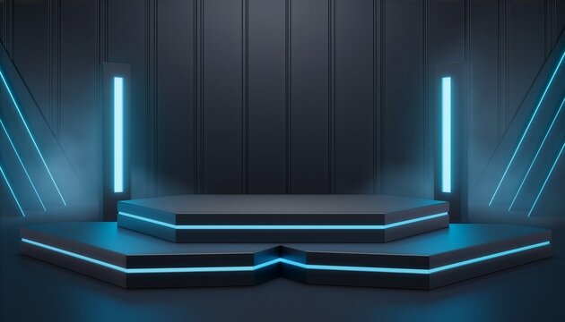 Futuristic tiered podium with cyan neon accents in a dark geometric studio, creating a sleek sci-fi atmosphere for product displays, technology promotions, presentations, and digital backgrounds.