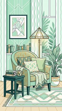 Art deco style reading nook with armchair and bookshelf
