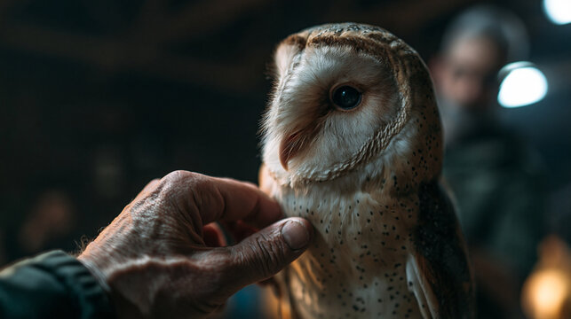 Barn Owl Being Gently Touched by Human Hand