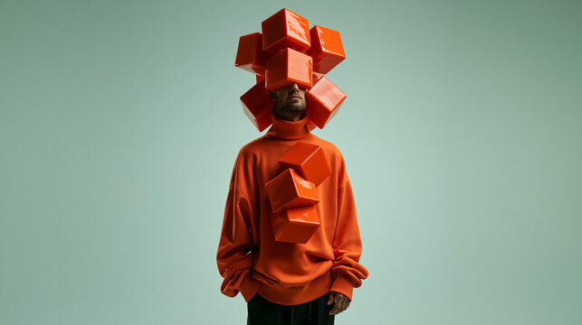 Conceptual Portrait of Man with Orange Geometric Cubes