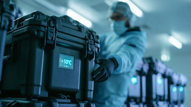 Scientist Handling Cold Storage Container in Medical Laboratory