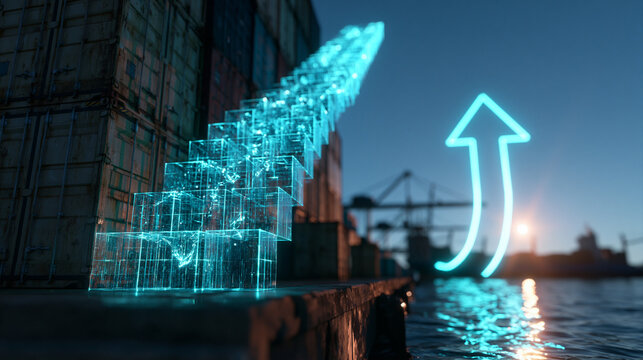 Digital Logistics Growth with Glowing Stairs and Upward Arrow at Port