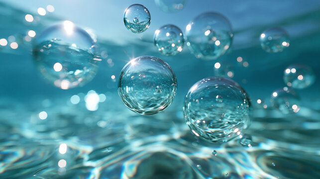 Underwater View of Clear Water Bubbles Floating in Ocean