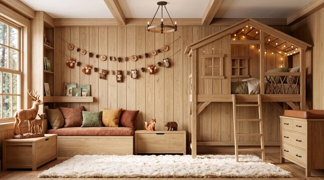 Cozy Rustic Children Bedroom with Wooden Playhouse Loft Bed