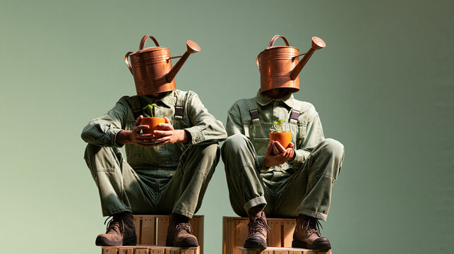 Surreal Figures with Watering Can Heads Holding Small Plants
