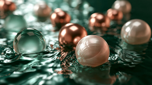 Glossy Pearls and Glass Orbs Floating on Rippled Water