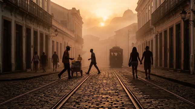 Silhouettes of People and Tram on Cobblestone Street at Sunset