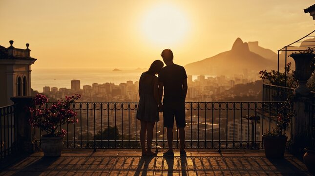 Silhouette of Romantic Couple Watching Sunset Over Rio de Janeiro