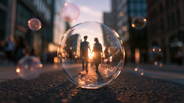 Romantic Couple Silhouette Seen Through Soap Bubble at Sunset