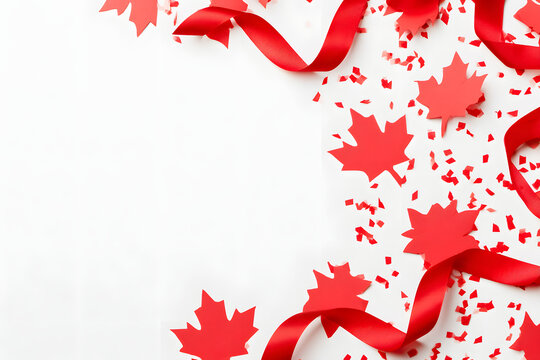 Red maple leaves on a white background with confetti, adorning the celebration of Canada's Independence Day, accented by ribbons
