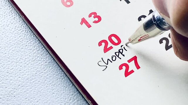 A man writing the word &ldquo;Shopping&rdquo; with a black pen on a calendar, representing shopping plans, scheduling, reminders, personal organization, budgeting, time management, and daily planning