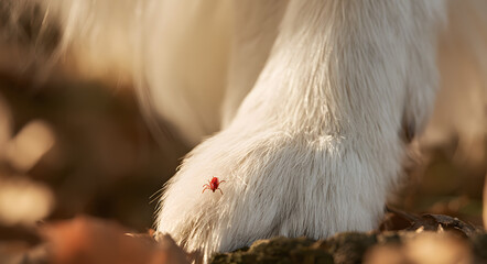 Obraz premium An image of a tick crawling on a dog's paw, posing a danger, was captured during an autumn forest walk