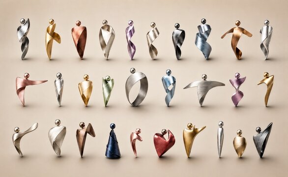 Ribbon men. Abstract Human Figures Made from Ribbon &ndash; Surreal Organic Material Collection on Beige Background
