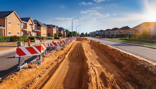 road construction site with sand excavation in a residential area urban infrastructure renovation roadwork and safety barriers