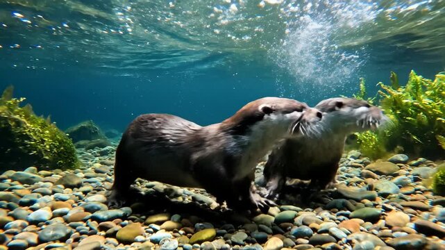 Two Playful Otters Explore a Clear Mountain Stream Bed Underwater