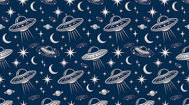Seamless cosmic pattern with silver flying saucers and stars