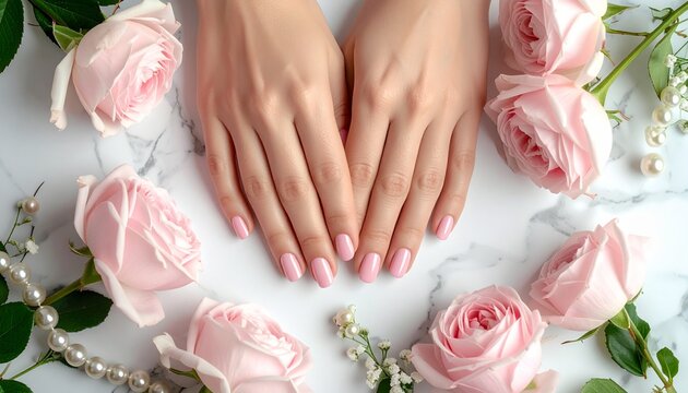 Top view of manicured hands with pastel pink nails on marble surface with roses and pearls, elegant beauty flat lay
