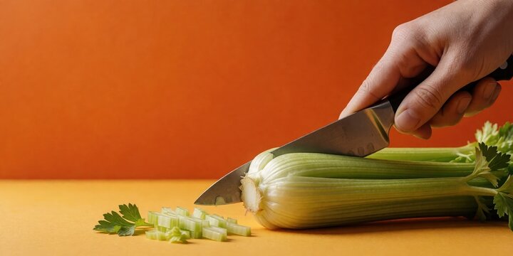 Person cutting fresh green celery stalk with a sharp kitchen knife on an orange background concept of healthy cooking and meal preparation