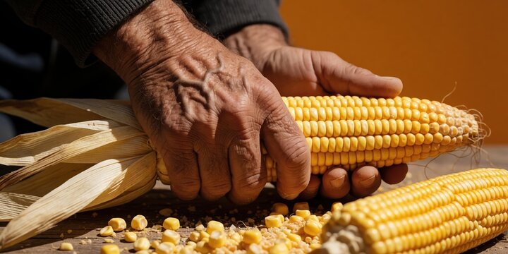 Elderly man shucking fresh sweet corn on a wooden table with loose yellow kernels, agricultural harvest concept