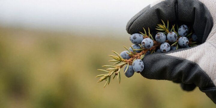 Gloved hand harvesting fresh blue juniper berries from a branch in nature for botanical use