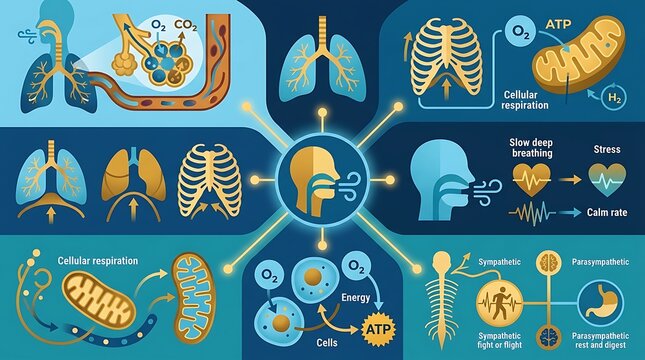 Comprehensive human respiratory system and cellular respiration diagram