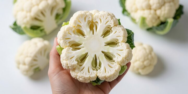 Cross section of fresh white cauliflower held in hand showing fractal pattern and internal structure
