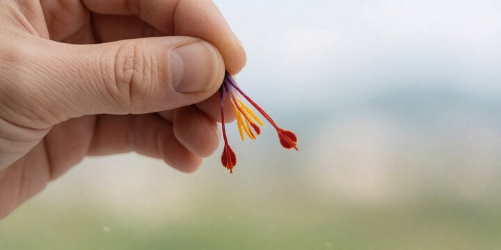Close up of a hand holding precious saffron threads and stigmas symbolizing culinary excellence and spice production