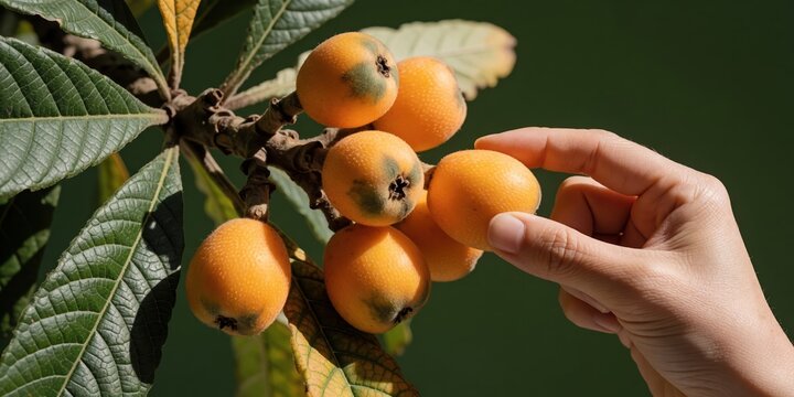 A person harvesting fresh ripe loquat fruits from a tree branch in an orchard, representing organic farming, agriculture, and healthy eating