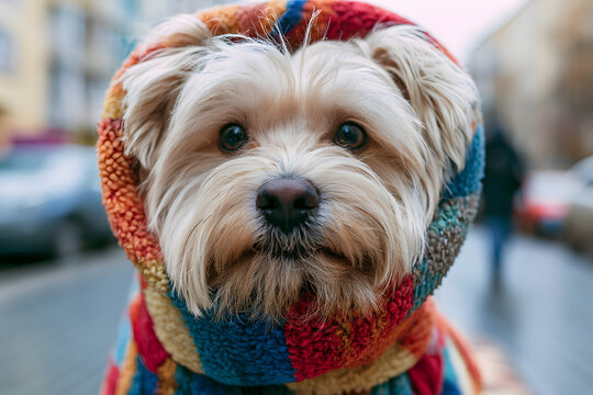 A dog with a soft, colored fleece coat observes the viewer. Its curious eyes are framed against an urban street backdrop that is softly blurred. The dog appears cozy, endearing, and full of charm