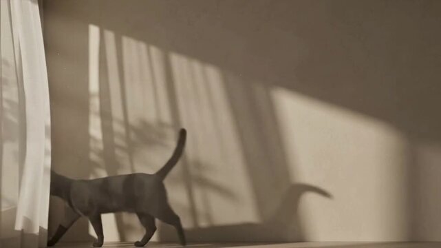 Cat Shadow Silhouette Walking Across Sunlit Wall and Curtain