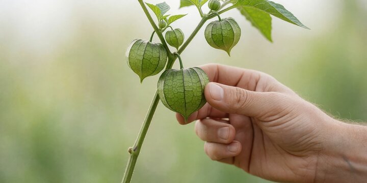 Close up of a hand harvesting fresh green cape gooseberry fruits from the plant in a garden, representing organic farming, sustainable agriculture, and healthy nutrition